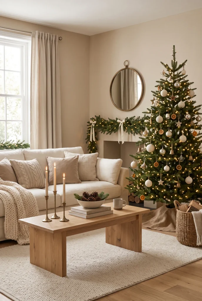 Neutral Christmas living room with subtle brass accents, ivory ornaments, and greenery