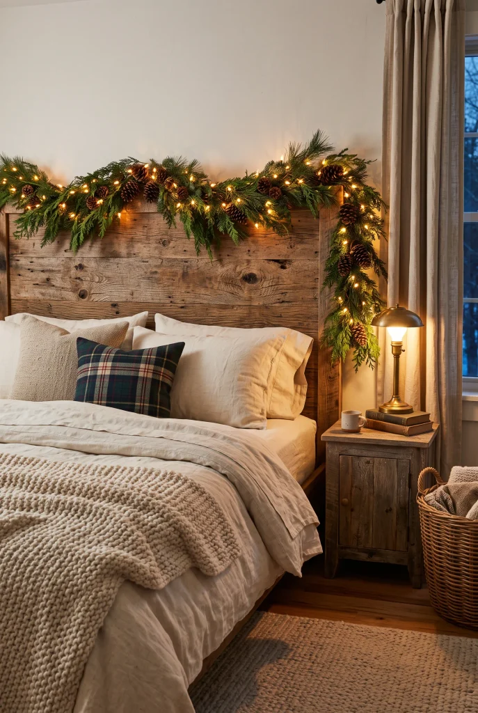 Rustic Christmas bedroom with warm string lights, pine cones, and evergreen branches