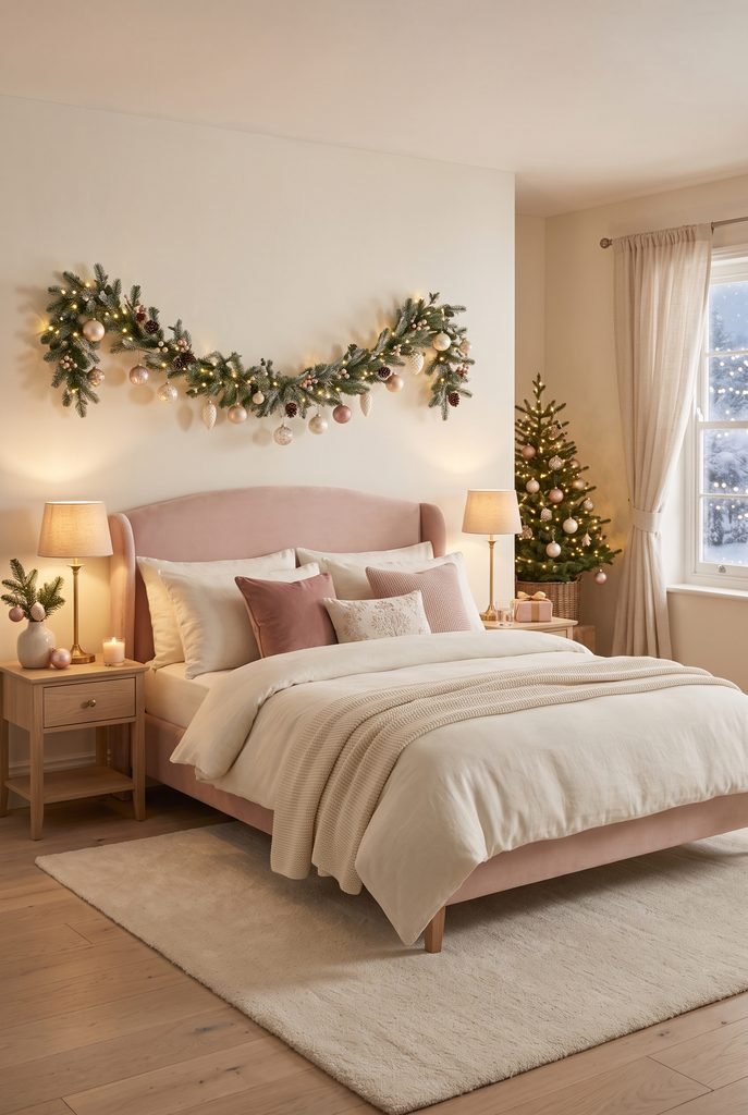 Soft pink Christmas bedroom with blush bedding, champagne ornaments, greenery, and warm lights