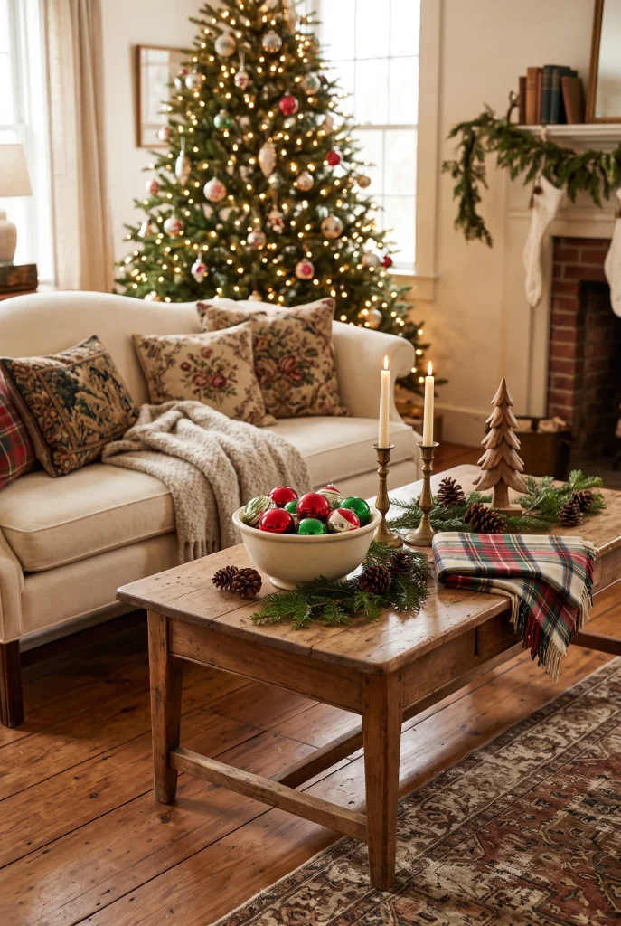 Vintage-inspired Christmas coffee table with traditional ornaments and plaid