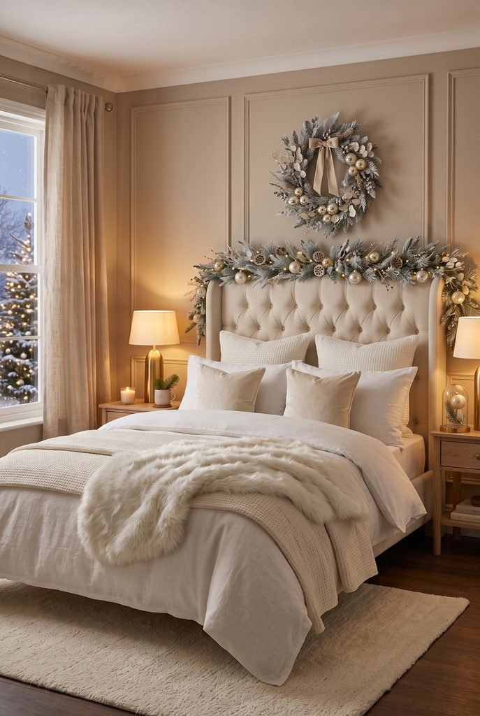 Candy cane inspired Christmas bed with red and white striped accents