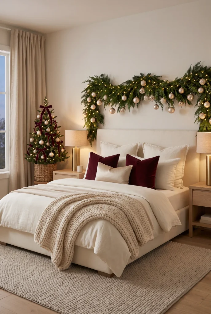 Elegant burgundy and champagne Christmas bedroom with cream bedding and gold accents