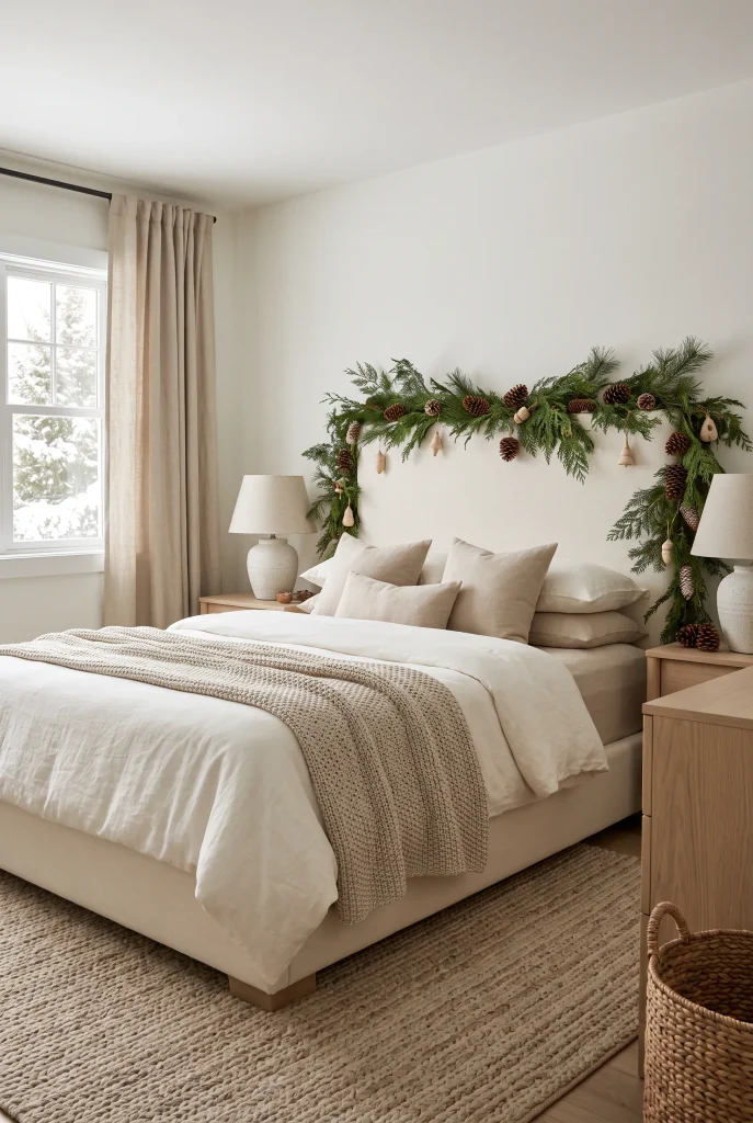 Natural Christmas bed with evergreen branches, pinecones, and neutral bedding
