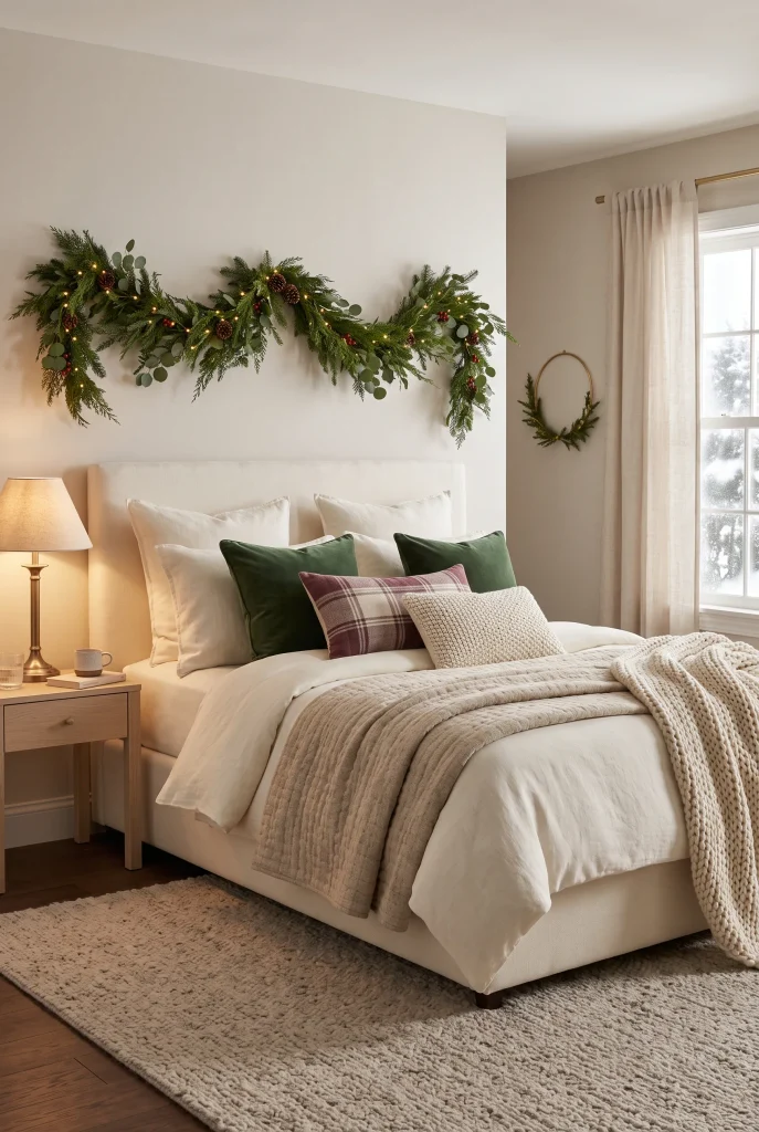 Christmas bed styled with layered pillows in cream, plaid, velvet, and green textures