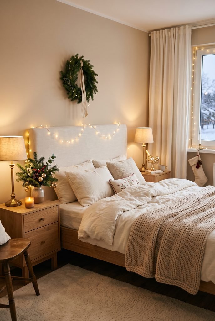 Dreamy Christmas bedroom with warm white fairy lights around a cream headboard