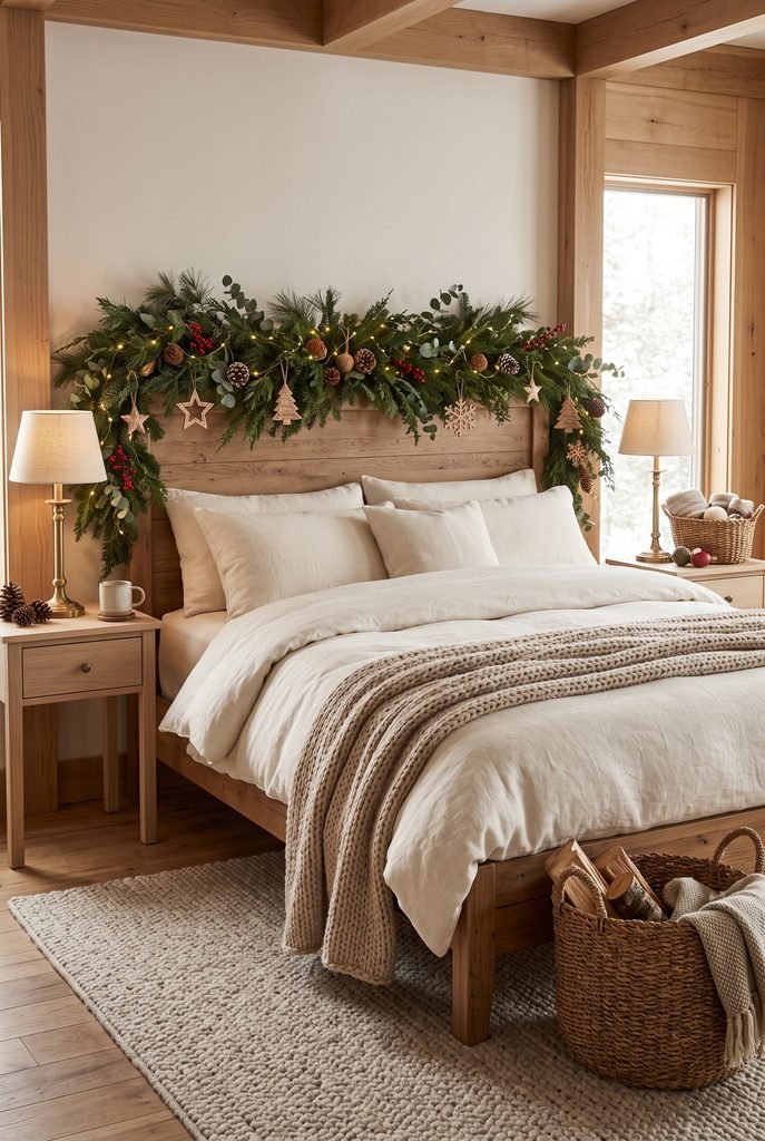 Christmas bedroom with natural wood furniture, cream bedding, and greenery