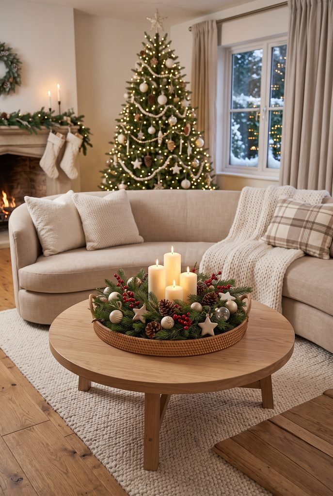 Round Christmas coffee table with a circular greenery centerpiece