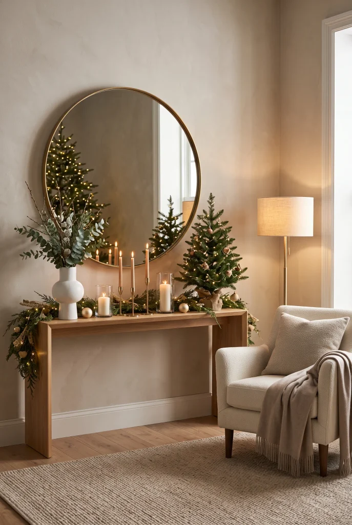 Christmas corner with round mirror, garland, and narrow console table