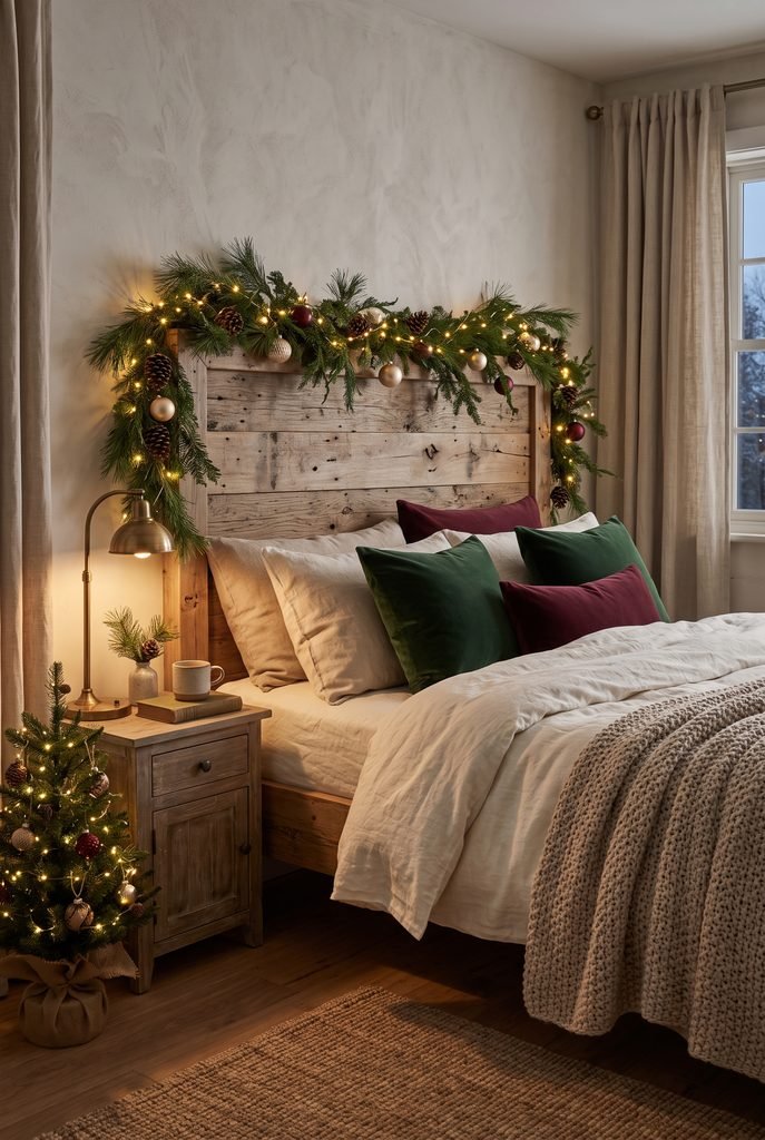 Rustic wood headboard decorated with Christmas lights and greenery