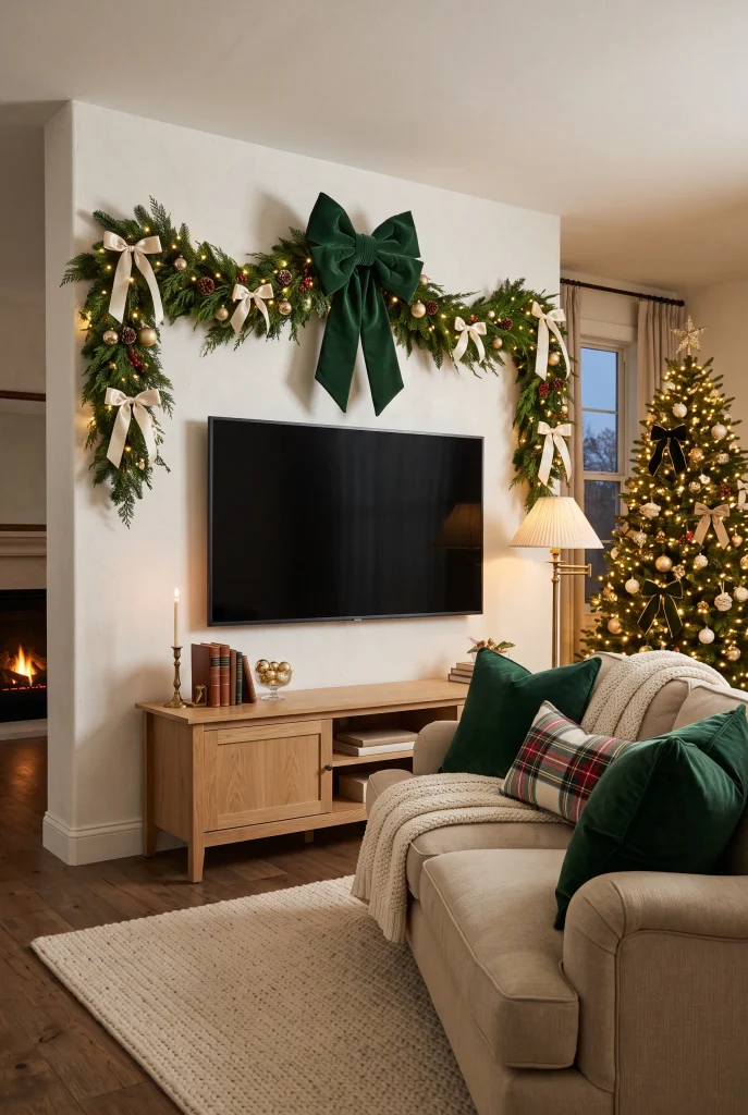 Festive TV wall with oversized velvet bows, evergreen garland, and subtle gold ornaments