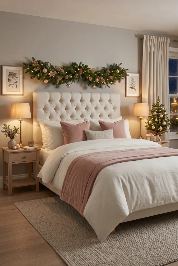 Soft pink Christmas bedroom with blush pillows, champagne ornaments, and greenery