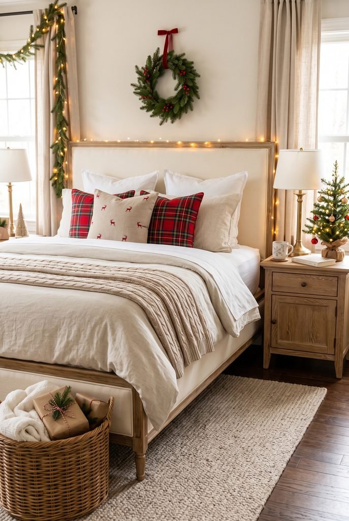 Inviting Christmas guest bedroom with seasonal pillows, wreath, and small Christmas tree
