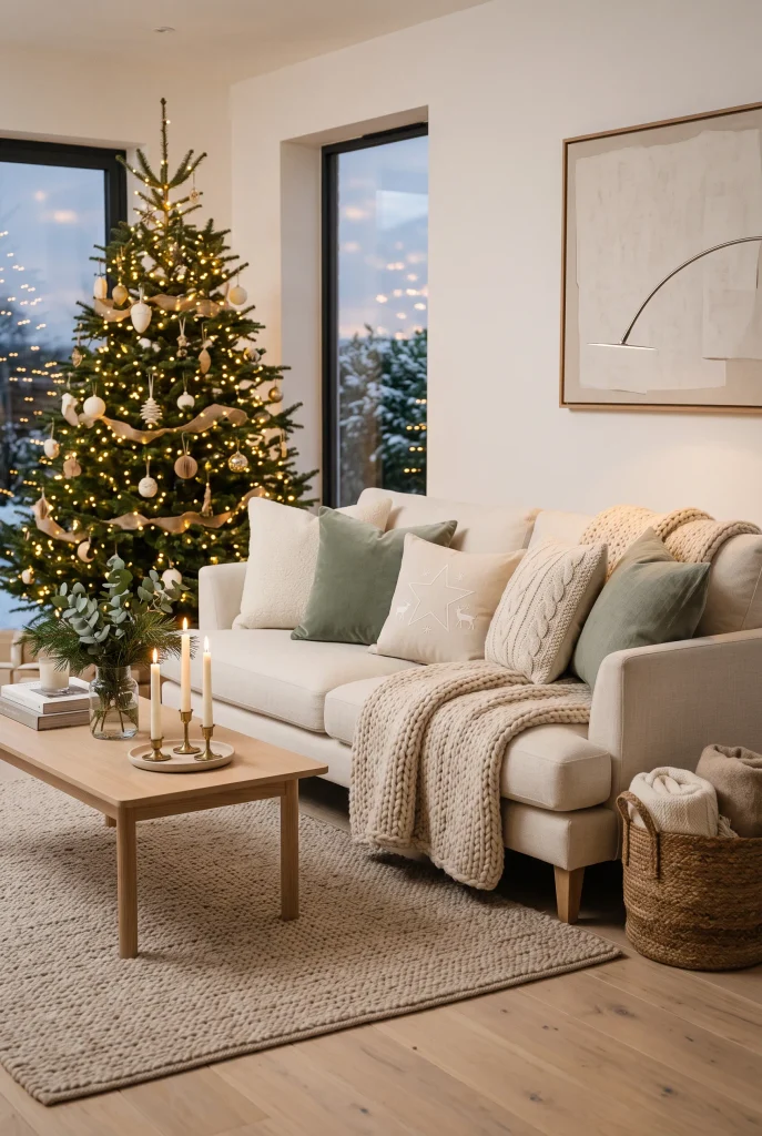 Cream sofa styled with muted green cushions and a knitted Christmas throw