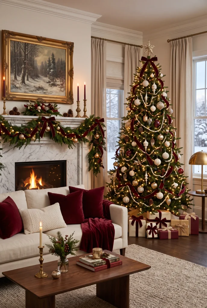 Cream and burgundy velvet Christmas living room with gold and evergreen accents