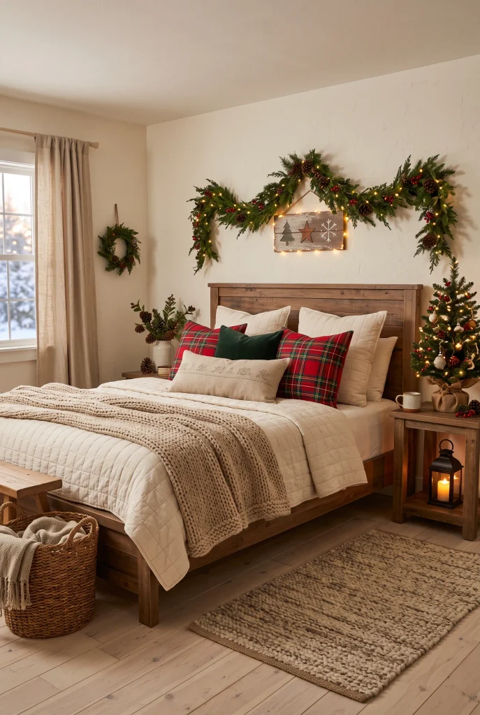 Farmhouse Christmas bedroom with cream bedding, plaid pillows, evergreen garland, and wood accents