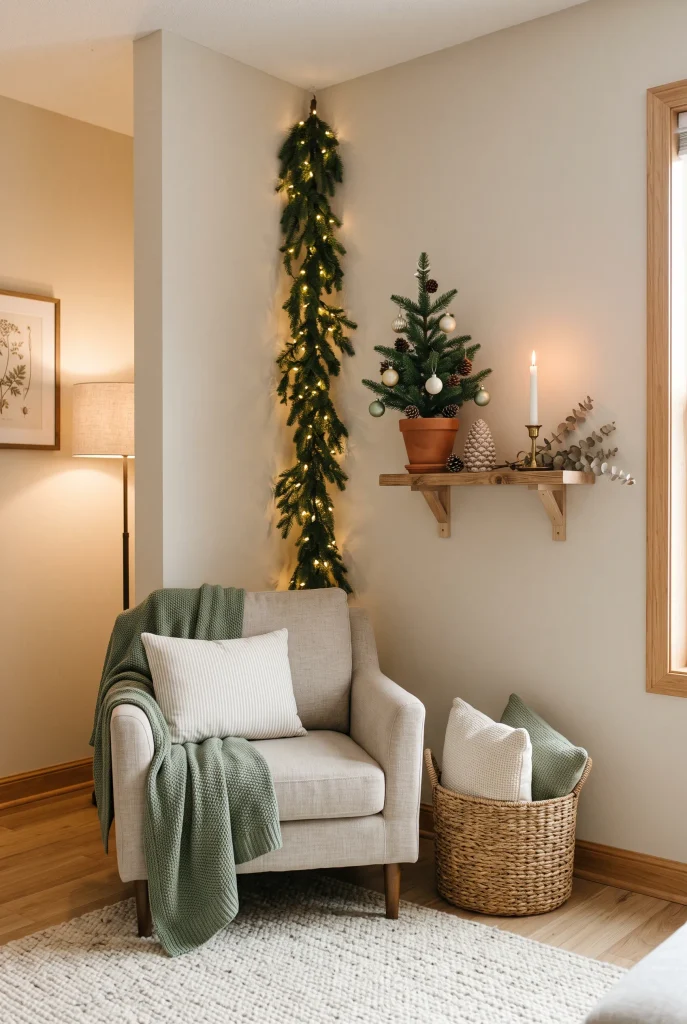 Awkward living room corner decorated with vertical evergreen Christmas greenery
