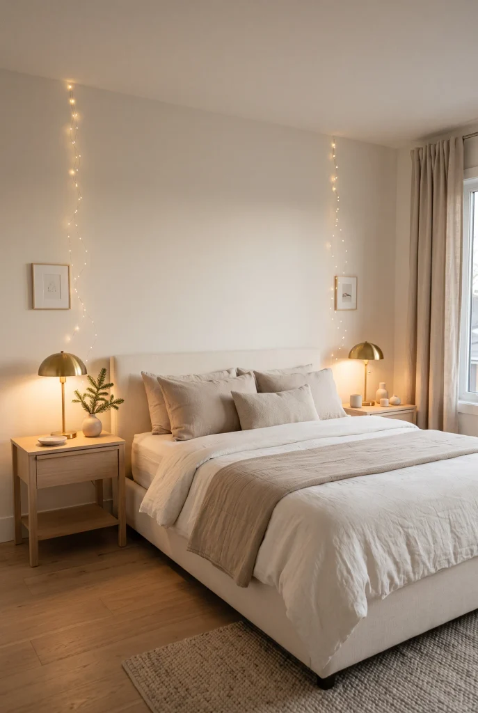 Minimalist bedroom with delicate warm white Christmas lights above bedside tables