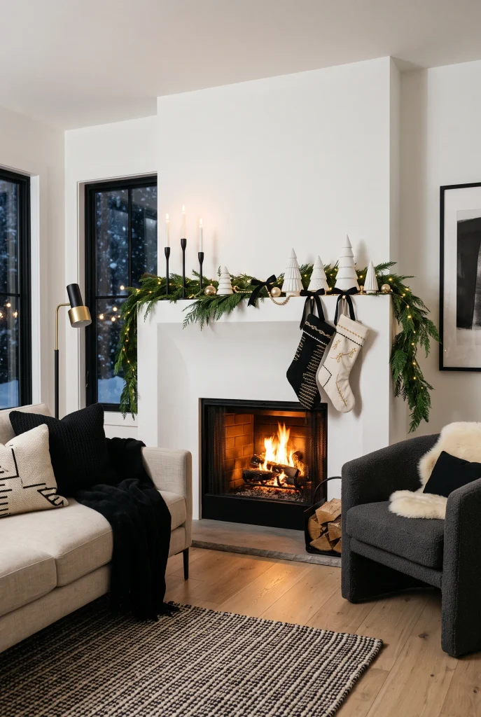 Modern black and white Christmas mantel with evergreen branches, black candleholders, and cream stockings