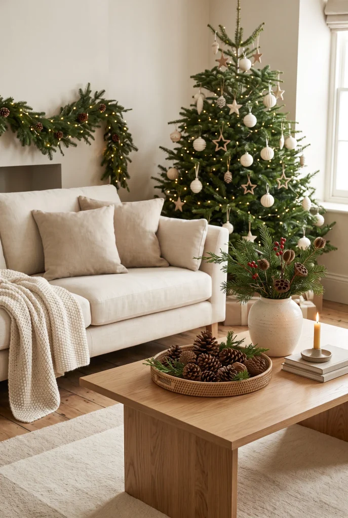 Neutral Christmas living room decorated with pinecones, greenery, cream furniture, and wood