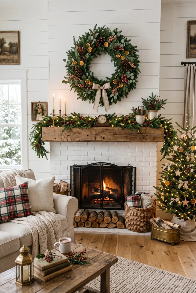 Farmhouse Christmas living room with large evergreen wreath above the fireplace