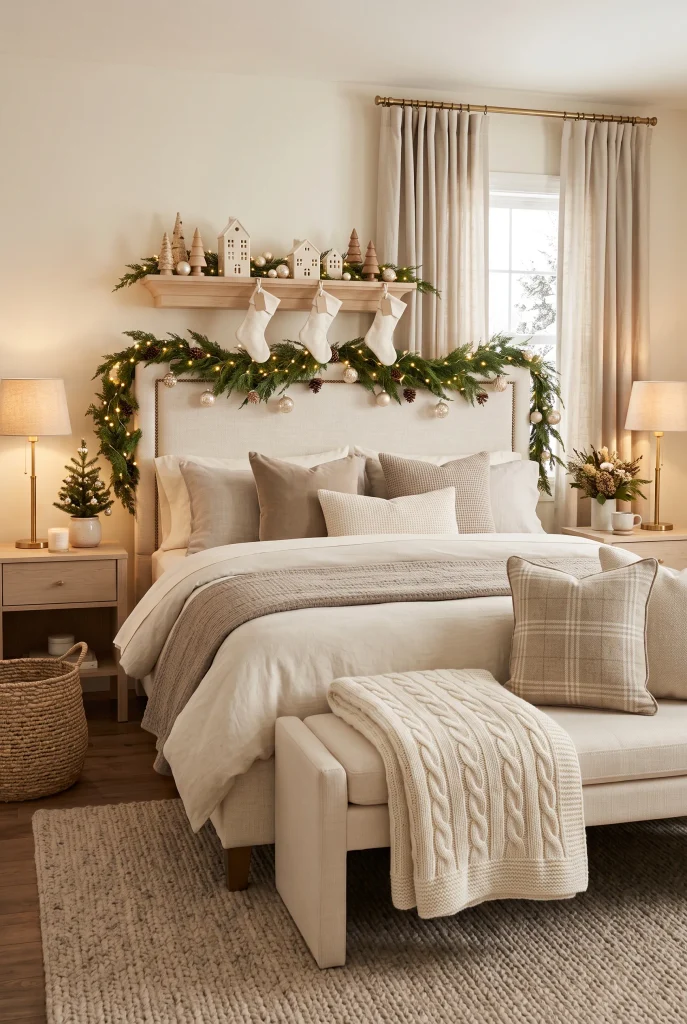 Neutral Christmas bedroom shelf decorated like a simple holiday mantel