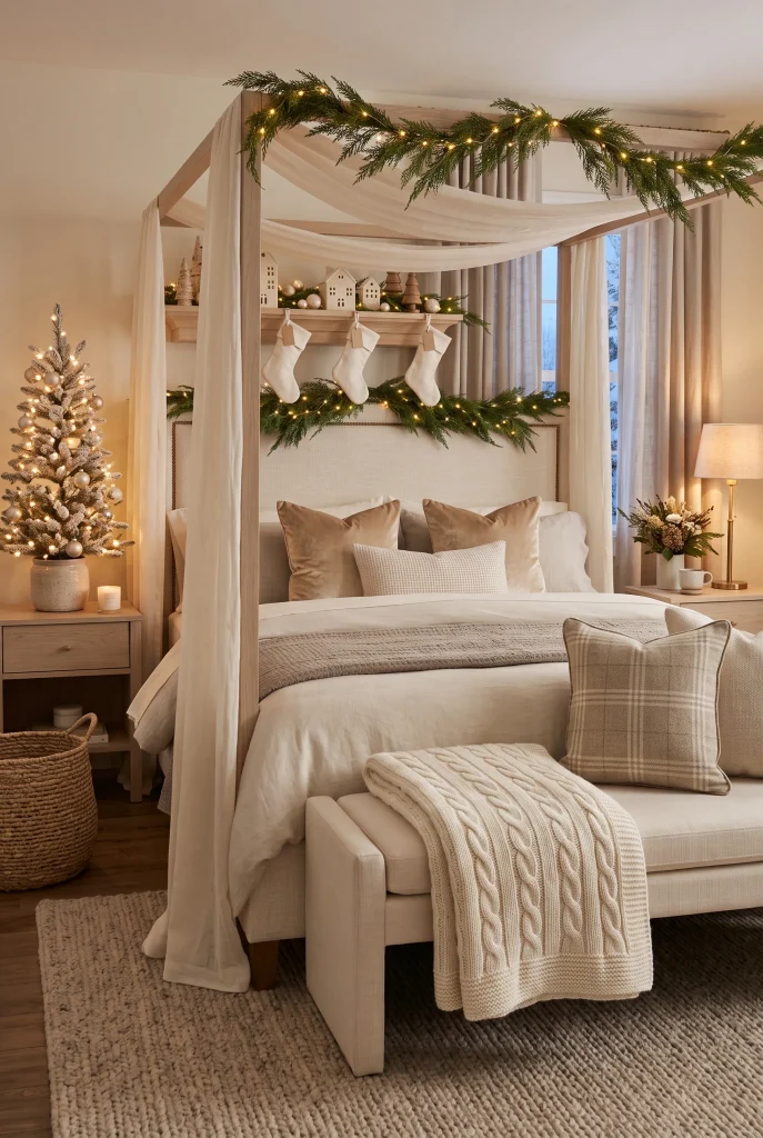 Cream bedroom with subtle canopy styling and Christmas greenery