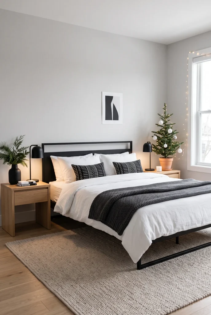 Modern black and white Christmas bedroom with evergreen accents and a minimalist tree