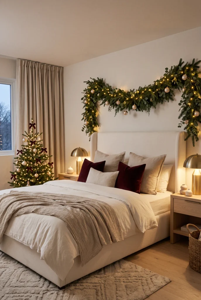 Burgundy and gold Christmas bedroom with glowing warm white fairy lights