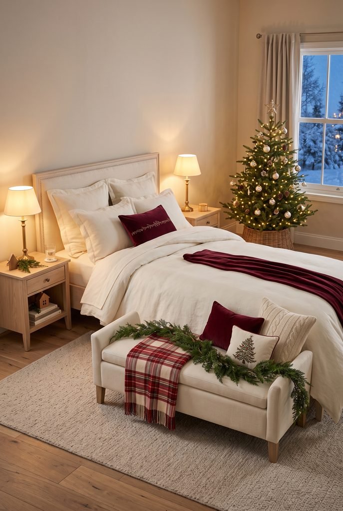 Festive bedroom bench with plaid blanket and Christmas greenery at the foot of the bed
