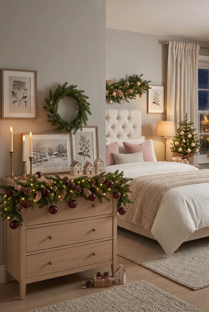 Christmas bedroom dresser styled with evergreen garland, lights, ornaments, and a wreath