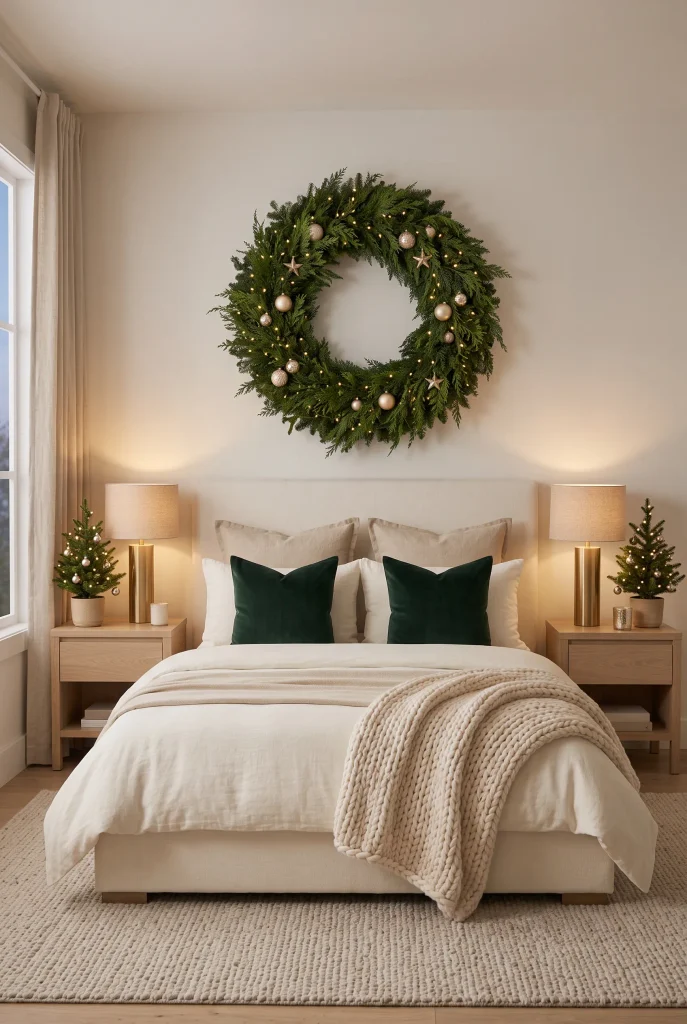 Christmas bedroom with a natural evergreen wreath above a cream upholstered bed