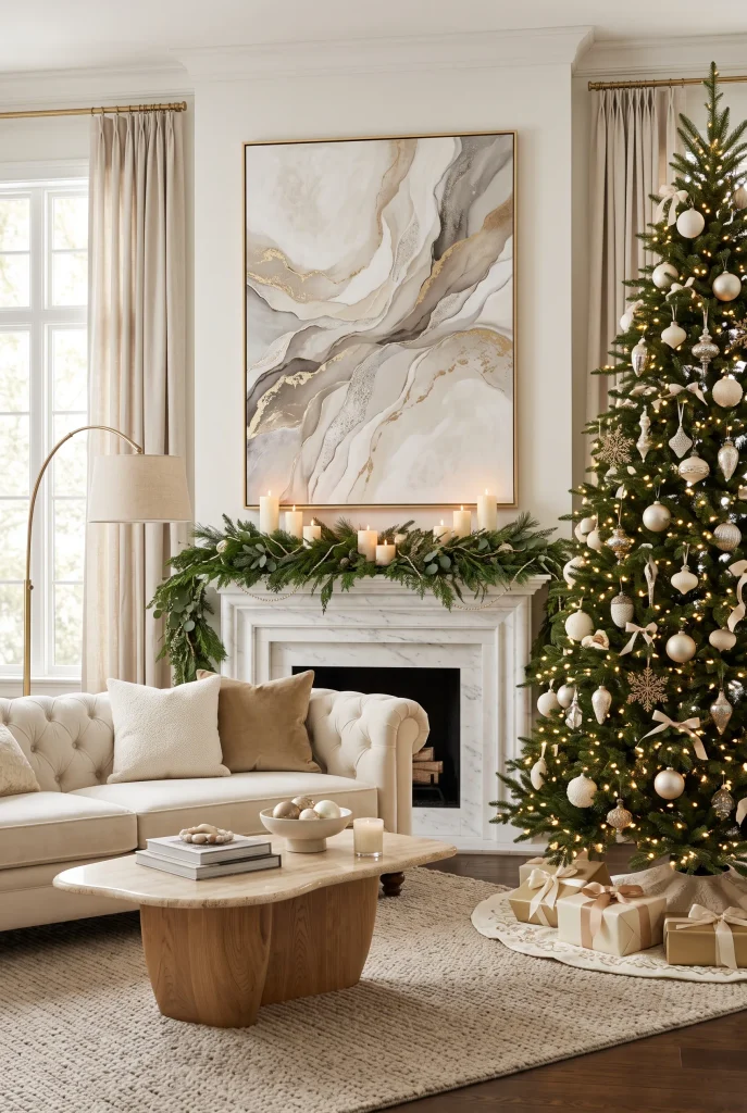 Luxury Christmas living room with statement artwork, marble fireplace, and decorated tree