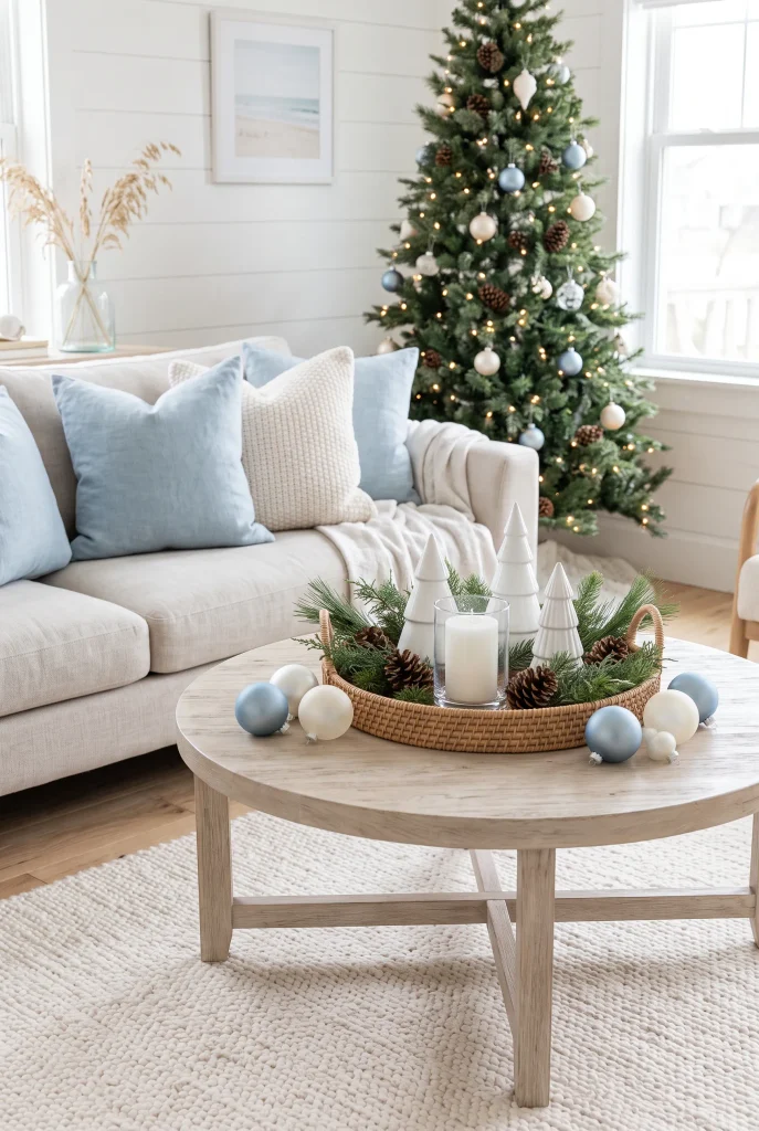 Coastal Christmas coffee table with blue, white, and natural accents