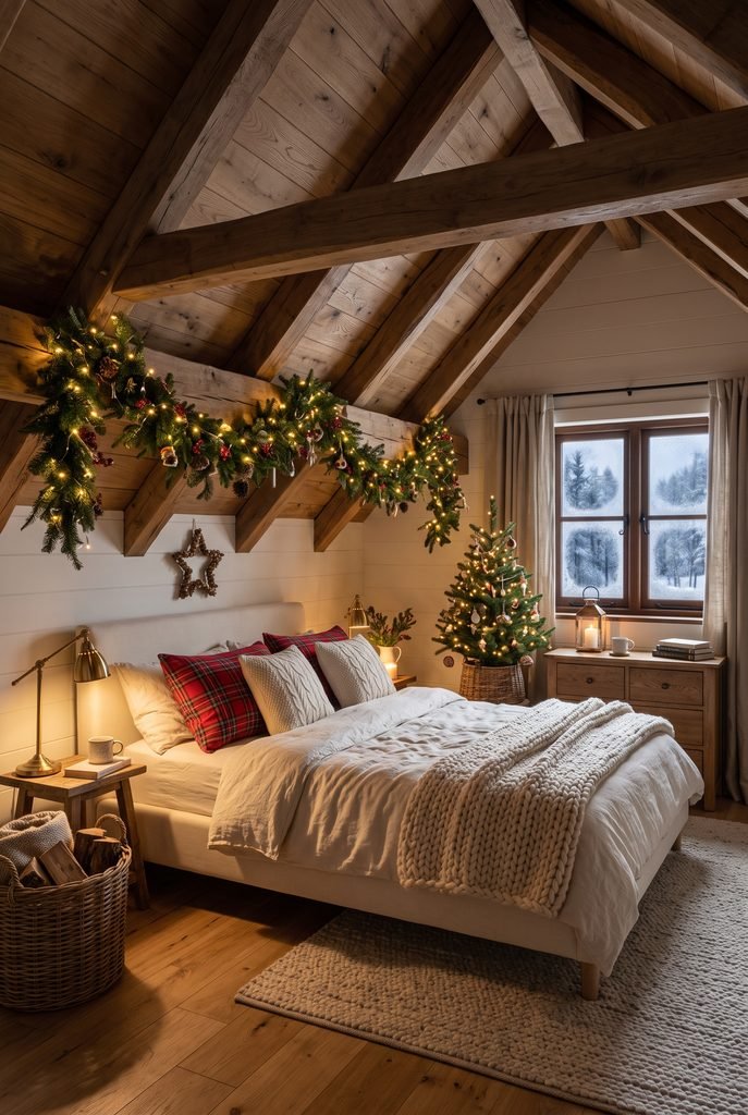 Cozy attic Christmas bedroom with exposed beams, plaid pillows, greenery, and a small tree