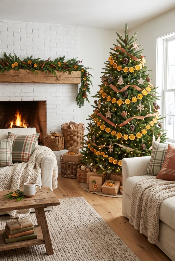 Farmhouse Christmas living room decorated with dried orange slices and greenery