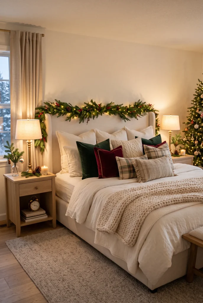 Layered Christmas bed with cream, green, burgundy, and plaid pillows