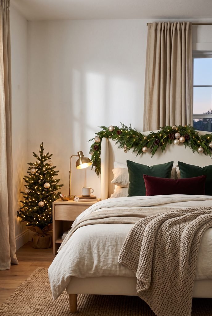 Layered Christmas bedroom lighting with fairy lights and bedside lamps