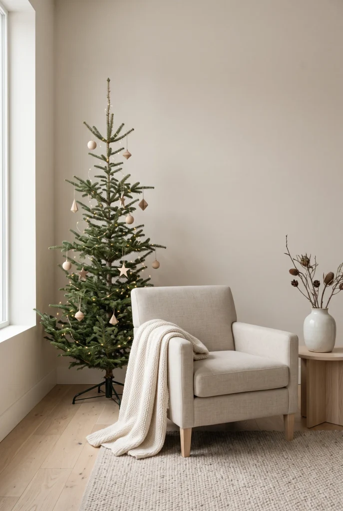 Minimal Christmas corner featuring a slim tree with warm white lights