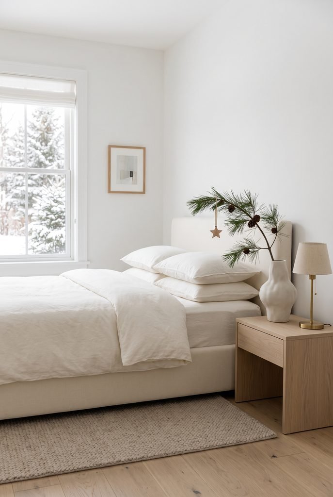 Minimalist Christmas bedroom with cream bed, simple evergreen branch, and natural wood decor