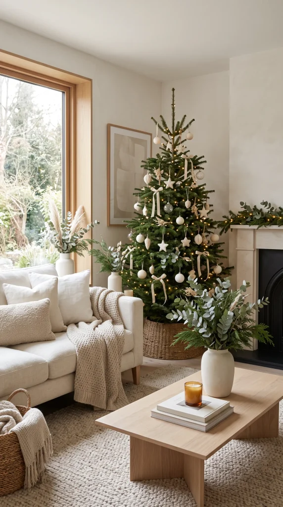 Modern Christmas living room decorated with natural evergreen greenery