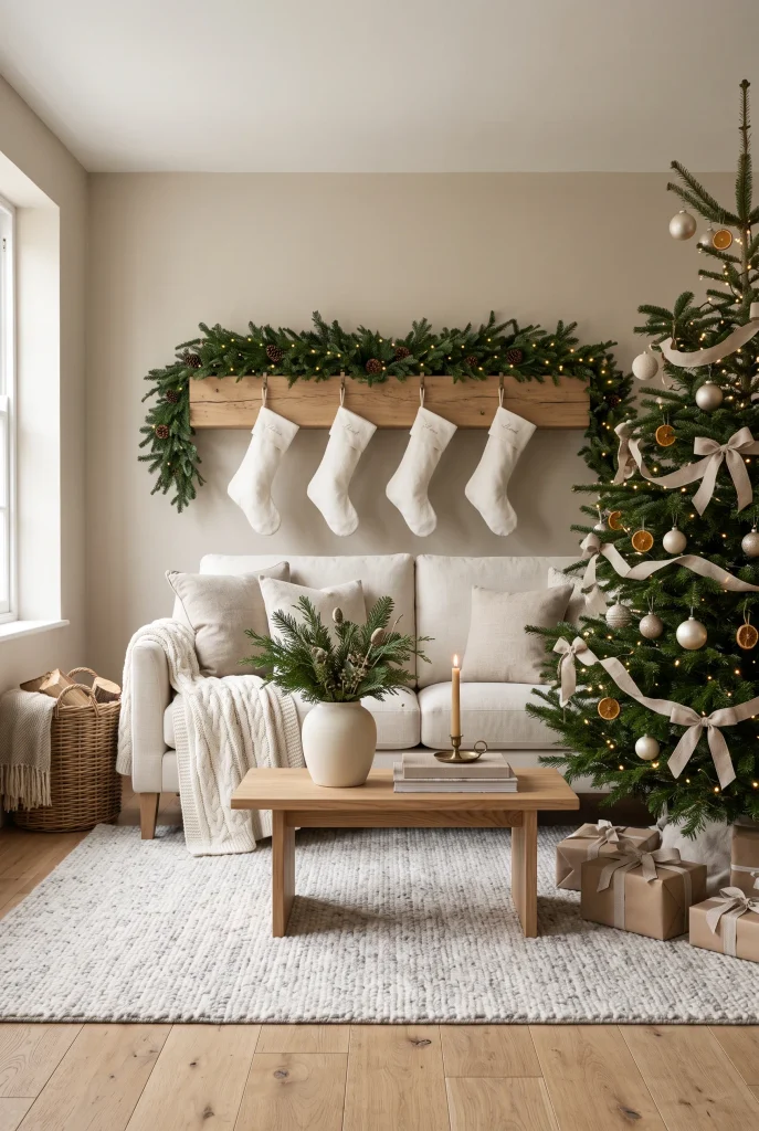 Neutral Christmas living room featuring linen cushions, stockings, ribbon, and greenery