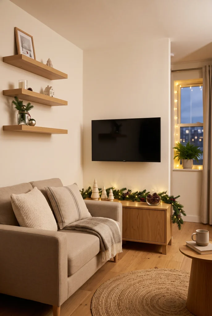 Small living room TV wall decorated with slim greenery and compact Christmas accessories