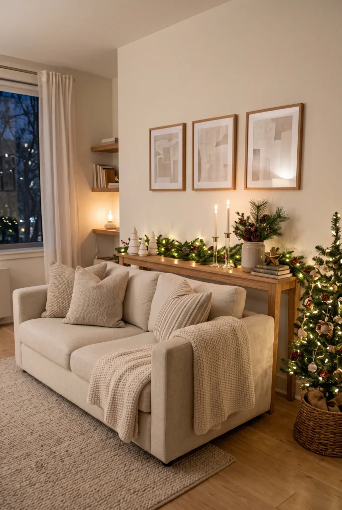 Narrow console table styled with evergreen garland and Christmas decorations