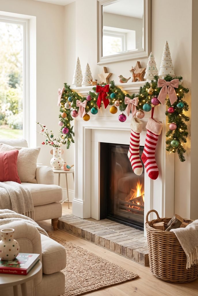 Whimsical Christmas mantel with colorful ornaments, playful bows, stockings, and evergreen garland