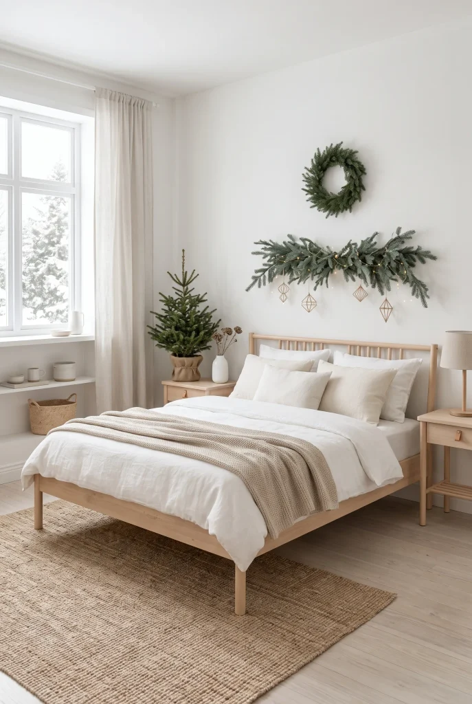 Christmas bedroom windows framed with evergreen garlands and warm white lights