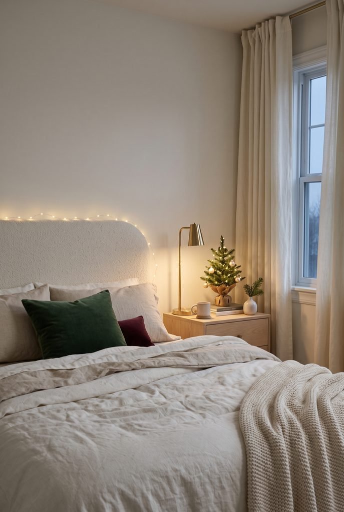 Minimal Christmas bedroom with a soft glow from warm white lights