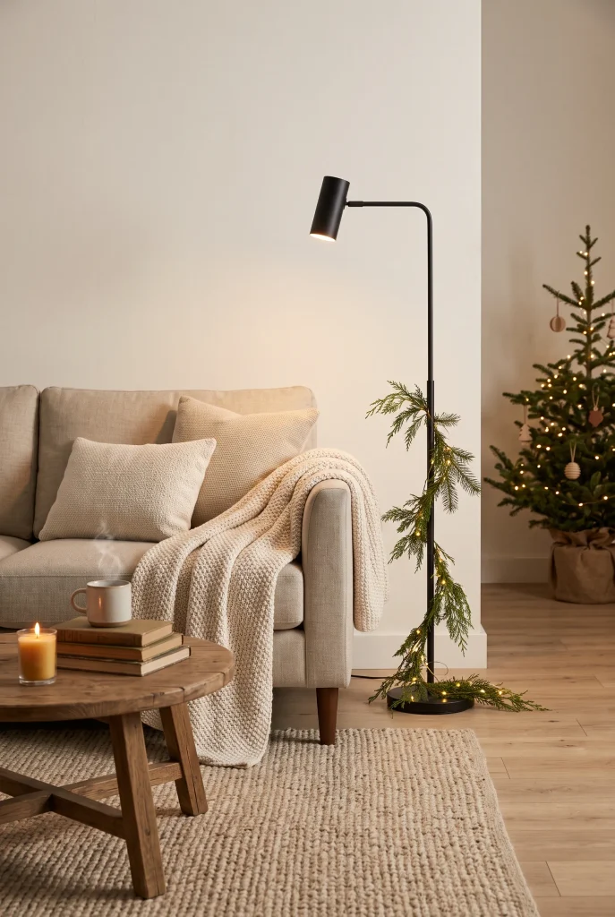 Slim floor lamp beside a sofa with subtle Christmas greenery nearby
