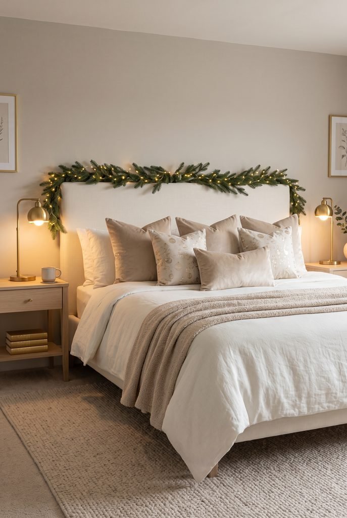 Sophisticated Christmas bedroom with champagne pillows, gold accents, and evergreen decor