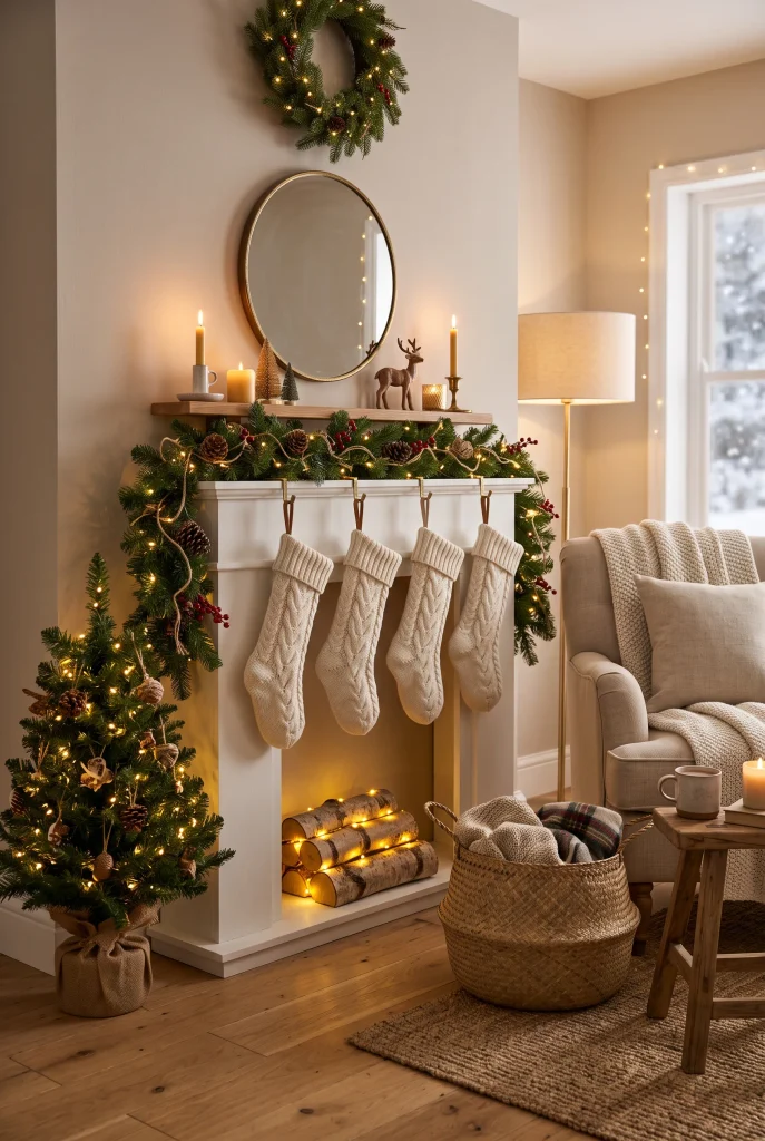 Faux fireplace Christmas corner with garland, stockings, and miniature tree