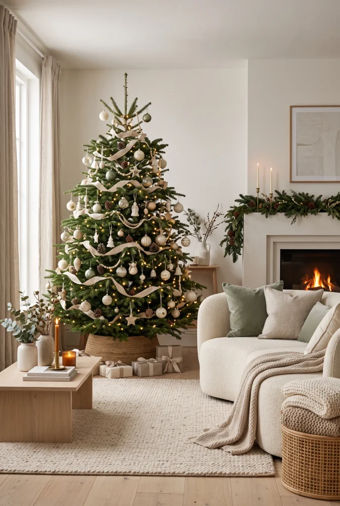 Complete modern Christmas living room with neutral tree, fireplace garland, and warm lights